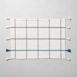 4 Hearth & Hand with Magnolia Plaid Tassel Placemats Teal Green Gray White